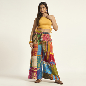 Wholesale Winter Vintage Kantha Patchwork Floral Printed Wide Leg <b>Pants</b> Women Handmade 100% Cotton Boho <b>Palazzo</b> Trousers - Product Image 1
