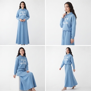 Women's Long Sleeve Hooded Ladies Print Drawstring Waist Floor-Length Casual Style 100% Cotton Knitted Fleece <b>Skirts</b> Set Ladies - Product Image 6