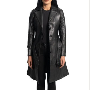 Manteau trench unisexe en cuir véritable Rahsal Industries, col montant, fermeture éclair, longueur longue, coupe-vent, couleur unie, coupe classique - Product Image 6