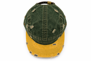 Casquette de camping vintage délavée et vieillie à 5 panneaux, logo brodé personnalisé, bicolore vert-jaune, style streetwear, OEM - Product Image 2