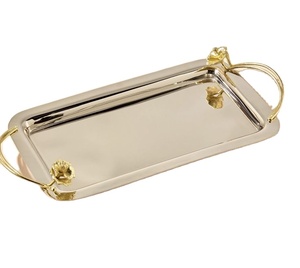 Gold Rectangular <b>Serving</b> Tray Arch Handles Brass Plated Modern Decor Platter Home Hotel Event Bulk Wholesale Luxury Style - Product Image 1