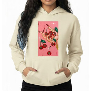 <b>Women's</b> <b>Cream</b> Hoodie With Cherry Print Front Logo Pockets Casual Cotton Sweatshirt Spring Wear - Product Image 1