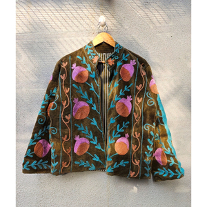 Hand Embroidered Velvet <b>Jacket</b> for Women full Sleeve <b>Mandarin</b> <b>Collar</b> Floral Pattern Winter Party Outerwear gift for her - Product Image 1