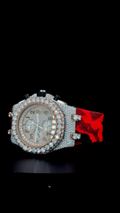 Montre en moissanite de qualité supérieure, bracelet en caoutchouc rouge, demi-sertie de diamants, certifiée par un testeur de diamants, livrée avec boîte. - Product Image 4