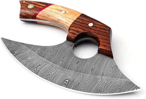 Couteau de boucher Ulu à lame courbée avec manche en bois, planche à découper et bol, utilisation facile, en acier Damas, pour le camping, écologique, durable, pour la cuisine - Product Image 3