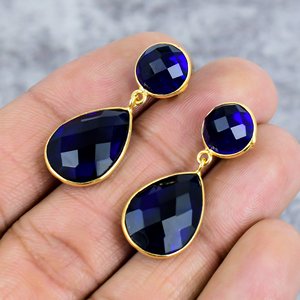<b>Blue</b> Sapphire Gemstone 925 Sterling Silver Gold Plated Handmade Bezel <b>Stud</b> <b>Earrings</b> for Women Anniversary Gift Wedding Party - Product Image 3