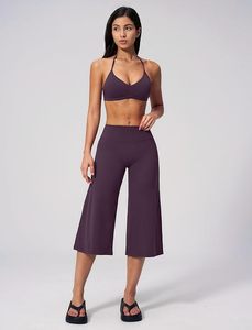 Ensemble de yoga dos nu à col en V profond, pantalon taille haute à jambes larges longueur mollet, en Spandex et Polyester, sans couture, 2 pièces - Product Image 2