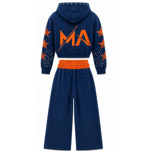 Men Blue Orange Star Print Stonewashed Tracksuit Set Full Length 100% Cotton 450 Gsm Acid Wash Casual Loose Fit Winter Wear - Product Image 3