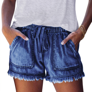 Shorts de Mezclilla para Mujer, Color Sólido, Estilo Casual de Verano, Material de Algodón Transpirable, Cintura Media, Corte Holgado, Lavado a la Piedra, Bajo Deshilachado - Product Image 1