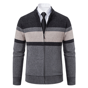 Men's Gray And <b>Black</b> Striped Knit <b>Cardigan</b> Full Zipper Mandarin Collar Regular Sleeve Autumn Wear Anti-Pilling <b>Wool</b> Acrylic - Product Image 3