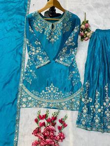 Ensemble de costume palazzo en soie chinon turquoise brodé avec dupatta pour femme, tenue ethnique traditionnelle de mariage, séchage rapide - Product Image 4