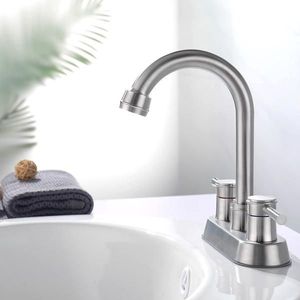 Rubinetto da Bagno ad Arco Alto con 3 Fori, Scarico Lavello in Nichel Spazzolato e Tubo Flessibile in Acciaio Inossidabile, Rubinetto Scarico Lavello a Scomparsa - Product Image 2