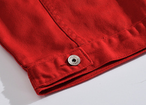 Veste en jean rouge pour homme, déchirée, délavée, décontractée, col rabattu, coupe classique, style printemps, en coton - Product Image 4