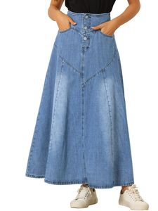 Jupe longue en jean taille haute pour femme, coupe trapèze, couleur unie, boutonnée sur le devant, décontractée, coupe ample, en tissu de coton délavé, style printemps - Product Image 1