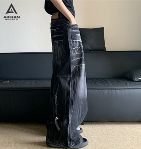 Aifran Sports Vintage Barrel Leg Jeans Men Loose Fit Washed <b>Denim</b> Casual Streetwear Pants Wholesale - Product Image 2