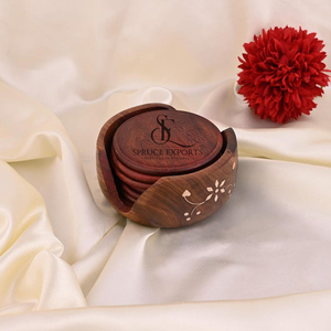 Handmade Wooden Coaster Set With Holder Box & Floral Inlay Design. Premium Bulk Order Decoration For Kitchen, Home & <b>Bar</b> - Product Image 1
