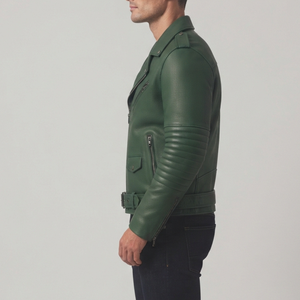 Chaqueta de Motociclista de Cuero Verde para Hombre, Corte Ajustado, Cuello Camisero, Cierre de Cremallera, Manga Larga, Estilo Otoño-Invierno - Product Image 5