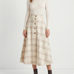 Falda Midi de Franela a Cuadros de Cintura Alta para Mujer con Detalles de Botones Delanteros, Estilo Vintage Personalizado, Color Crema - Product Image 1