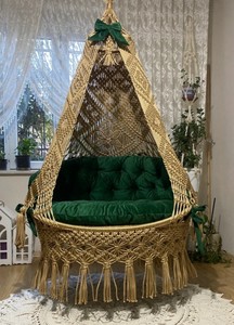 Silla Columpio Doble de Macramé Dorada, Columpio de Macramé con Cojines Verdes, Columpio Redondo de Macramé, Columpio de Macramé, Regalo de Inauguración de Casa - Product Image 2