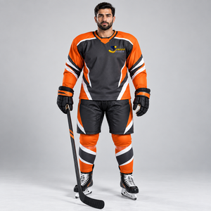 Nouvel uniforme de hockey sur glace pour hommes, orange et noir, impression par sublimation, polyester respirant, taille adulte, uniforme de hockey sur glace, service OEM - Product Image 1