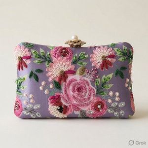 AZIZA FASHION DREAM กระเป๋าคลัทช์ปักลายดอกไม้ทำมือ สีม่วง สำหรับงานเลี้ยงตอนเย็น ลายดอกกุหลาบ ปิดแบบฝาปิด สะพายข้างได้ ความจุ 1 ลิตร - Product Image 3