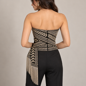 Crop top sexy d'été sans bretelles pour femme, brodé de sequins, avec franges asymétriques et motifs géométriques - Product Image 2