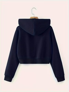 Sudadera con capucha y cremallera para mujer, personalizada con estampado, manga larga, color liso, informal, corta, antipilling, de tejido de punto de ajuste regular - Product Image 3