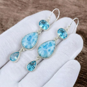 Bezel Setting Fine Solid 925 <b>Sterling</b> <b>Silver</b> <b>Earrings</b> Handmade Larimar & Topaz Dangle <b>Earrings</b> Boho Gemstone <b>Drops</b> For Wo - Product Image 3