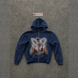 Sweat à capuche zippé vintage bleu avec motif ange, fermeture éclair sur le devant, coupe décontractée, en molleton bouclette 100% coton, idéal pour l'automne, RELAXE - Product Image 5