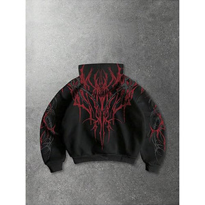Sudadera con Capucha y Cremallera para Hombre, Estilo Gótico, Estampado Tribal Negro y Rojo, Corte Regular, Felpa Francesa, para Otoño - Product Image 2