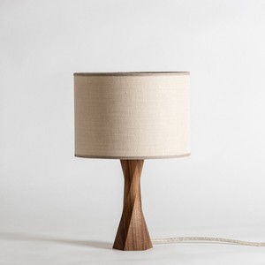 Minimalist Wooden Table <b>Lamp</b> With Geometric Base And Beige Fabric Shade For Bedside Lighting - Product Image 1