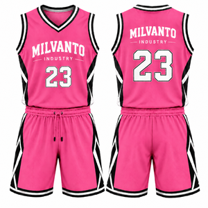 Conjunto de Uniforme de Baloncesto Personalizado Rosa para Hombre |   Camiseta y Pantalones Cortos de Baloncesto Sublimados |   Uniforme de Baloncesto sin Mangas con Cuello en V - Product Image 1