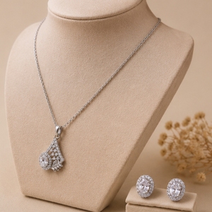 925 <b>Silver</b> Pendant <b>Necklace</b> <b>Set</b> with Sparkling Stud Earrings Elegant Designer Jewelry for Women Party Wear - Product Image 2