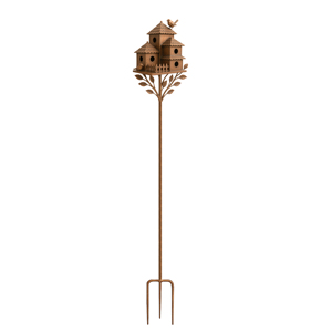 Casa de Pájaros Rústica de Bronce, Estaca Decorativa para Jardín, Decoración Metálica para Plantas de Exterior, Estaca para Jardín con Diseño de Hojas y Pájaros, Adorno de Jardín - Product Image 1