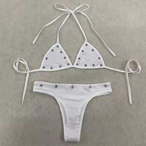 <b>White</b> Women's <b>Bikini</b> <b>Set</b> Crossed Halter Top Thong Bottom Rivet Decoration Spandex Polyester Stretch Solid Color - Product Image 1