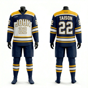 ชุดยูนิฟอร์มฮอกกี้น้ำแข็งผ้าโพลีเอสเตอร์ตาข่ายพรีเมียม 260 GSM สีน้ำเงินกรมท่า ขาว ทอง ลายเส้นเฉียง พร้อมโลโก้แบบซับลิเมชั่นสั่งทำพิเศษ - Product Image 5