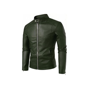 Men's Green PU Leather Moto <b>Jacket</b> <b>With</b> <b>Zipper</b> Closure And <b>Pockets</b> Slim Fit Autumn Style - Product Image 3
