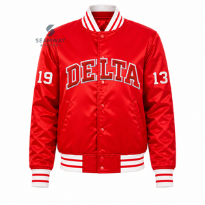 Delta |   Sigma |   Chaqueta universitaria roja de satén para mujer Theta con botones a presión, letras griegas bordadas, cuello y puños de punto a rayas, ropa exterior - Product Image 1