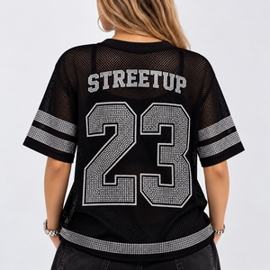Premium Customized Rhinestone <b>Women</b> American Football Jersey Oversized Streetwear Boxy Crop <b>Top</b> Crystal See Through Jersey - Product Image 2
