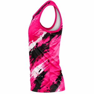 Camiseta sin mangas deportiva con estampado de salpicaduras de pintura rosa, negra y blanca para hombre, sublimación, cuello redondo - Product Image 3
