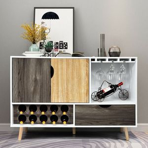 Mid Century Wooden <b>Storage</b> Cabinet <b>Sideboard</b> Buffet with Wine Rack Feature - Product Image 1