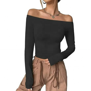 Camisetas para Mujer Estilo Europeo y Americano, Camiseta Sexy de Manga Larga con Hombro Descubierto, Blusa para Mujer - Product Image 4