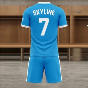 MRI Made Blue V-Neck <b>Soccer</b> Jersey Short Set with Pegasus Print Moisture Wicking Polyester Men's Adult Sports Uniform All Season - Product Image 5