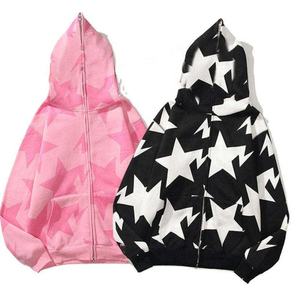 Logotipo personalizado al por mayor Streetwear Full Face Zip up Hombres Suéter Chaqueta Abrigo Hombres Zip Sudadera con capucha con estampado de estrellas - Product Image 1