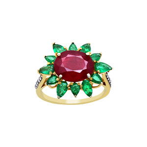 925 Sterling <b>Silver</b> Ruby <b>Emerald</b> Diamond Floral <b>Ring</b> for Women Gold Plated Oval Gemstone Statement Fine Jewelry - Product Image 1