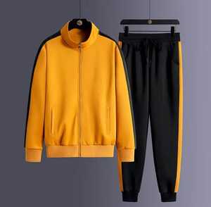 <b>Men</b> Track <b>Jacket</b> With <b>White</b> Stripes Full Sleeve Zipper Stand Collar Sporty Autumn Wear Black Pants Set Solid Color Breathable - Product Image 2