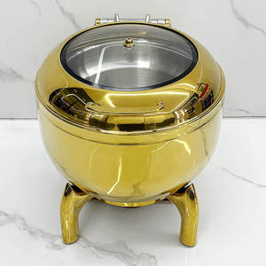 ถาดอุ่นอาหารบุฟเฟ่ต์ทรงกลมสแตนเลสหรูหรา สีทอง พร้อมขาตั้งแบบเสาประดับตกแต่ง ฝาแก้ว สำหรับงานแต่งงานและจัดเลี้ยง - Product Image 2