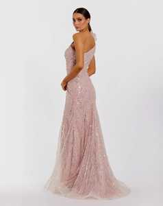 Robe de soirée fourreau rose poudré à une épaule, en satin anti-plis, à motif géométrique, ornée de sequins et d'appliques florales, longueur ras du sol - Product Image 2