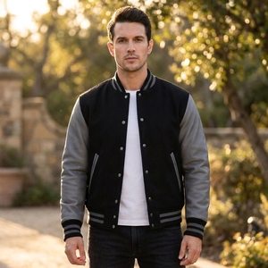 Custom Men's <b>Waterproof</b> Varsity <b>Jacket</b> Black Melton Wool <b>Grey</b> Genuine Cowhide Leather Sleeves Letterman Baseball Bomber Front - Product Image 5