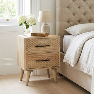 Mesita de noche de madera natural de diseño antiguo con 2 cajones, hecha a mano, ecológica, duradera, artesanía de Rajastán con asas de hierro. - Product Image 1
